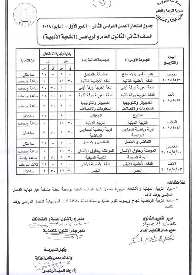 جدول امتحانات الصف الثاني الثانوي 2018 الترم الثاني محافظة المنوفية جدول امتحانات الصف الثاني الثانوي 2018 الترم الثاني محافظة المنوفية