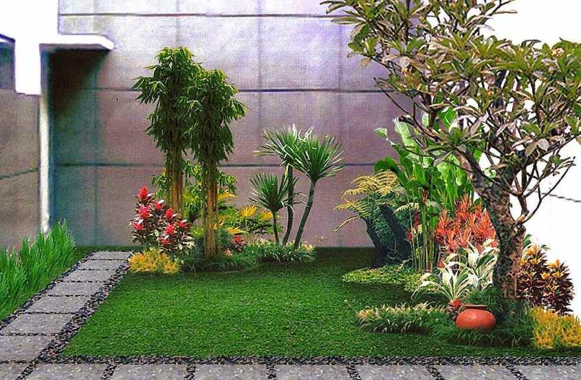 Desain Taman Belakang Rumah Minimalis dengan Bunga dan Pohon Hijau yang Cantik dan Dinding Batu Alam Cantik