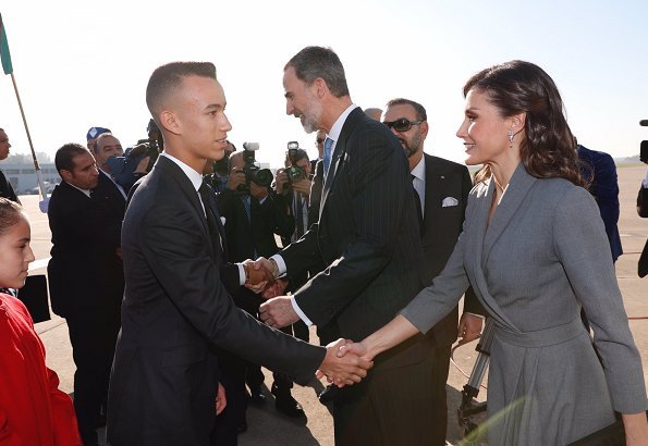 The King of Morocco and Royal family members with a state ceremony held at the Royal Palace. Princess Lalla Salma. Massimo Dutti dress