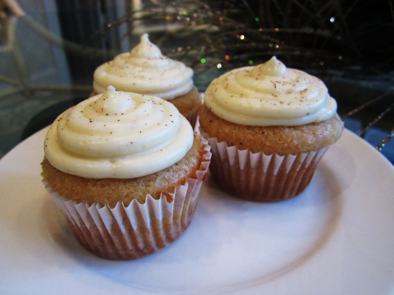 A Sue Chef Eggnog Cupcakes with Eggnog Cream Cheese Frosting