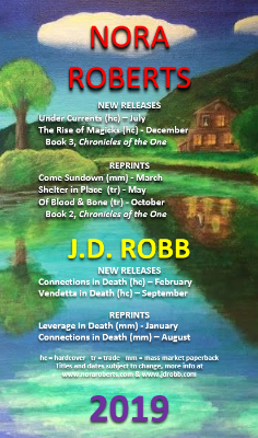 Pastoral scene with list of book releases for 2019 Nora Roberts, JD Robb, 2019, releases