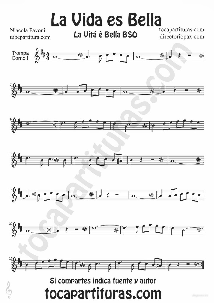 tubepartitura La Vida es Bella de Niacola Pavoni partitura para Trompa