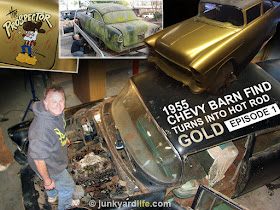 Before and After photo collage of moss-covered 1955 Chevy on rollback, gold-painted shell, detail of cartoon retro “Prospector” on trunk lid.