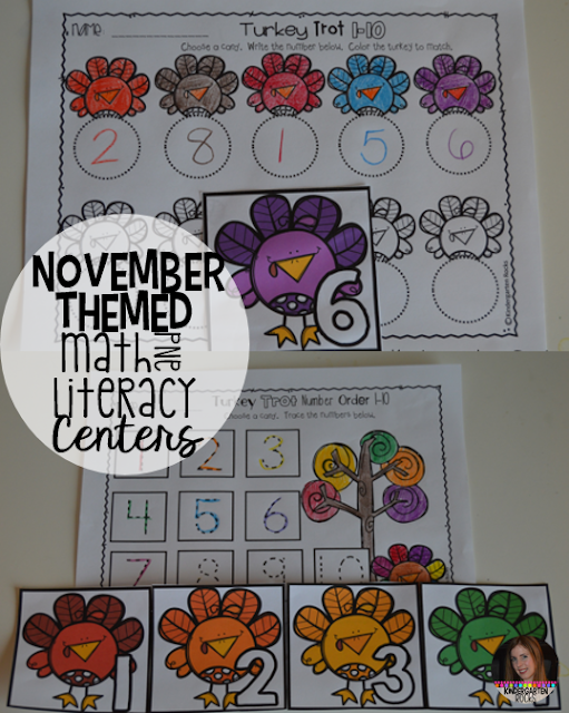 November Math and Literacy Centers for Kindergarten