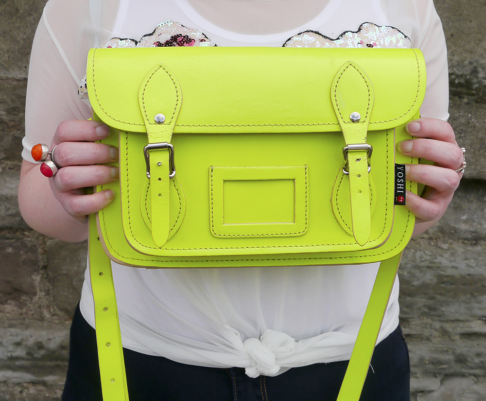 Neon Yellow Satchel styled by Helen, Scottish blogger, Dundee blogger, red head, ginger hair, short ginger hair, Iolla glasses, #seewithiolla, Never Monday, day time sequins, sequin top, casual sequins, Yoshi satchel, neon yellow satchel, denim jean, pom pom shoes, pom pom flat shoes, pink pom pom shoes