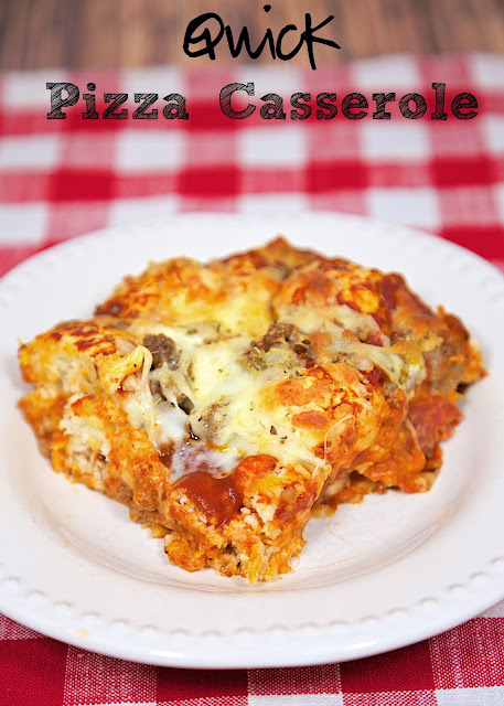 Quick Pizza Casserole Recipe - bisquick, pizza sauce, cheese, pepperoni, sausage - takes minutes to mix together - ready in 30 minutes! Great change to pizza night!