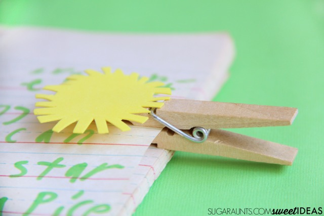 Fine motor weather craft with clothes pins. These are great for a creative writing journal prompt based on weather and a warm up exercise before handwriting.