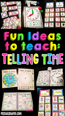 Telling time first grade time activities, time centers, and so many more fun ideas to teach telling time to the hour and time to the half hour in fun hands on ways!