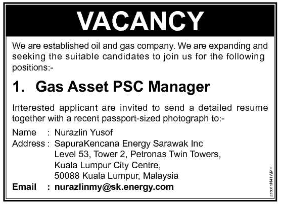 Oil Gas Vacancies Gas Asset Psc Manager Sapura Kencana Sarawak