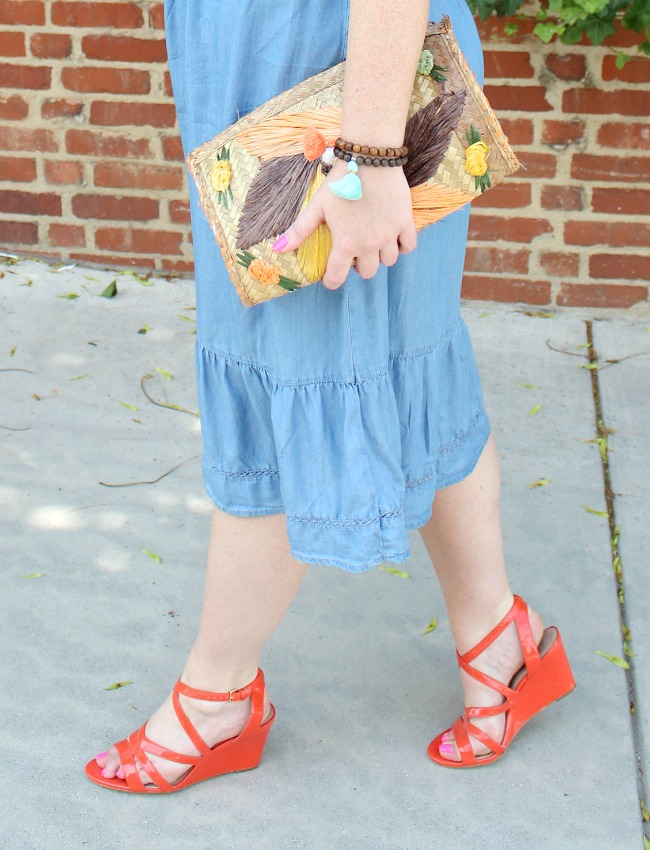 Old Navy chambray dress // J. Crew Wedges // Monogram necklace