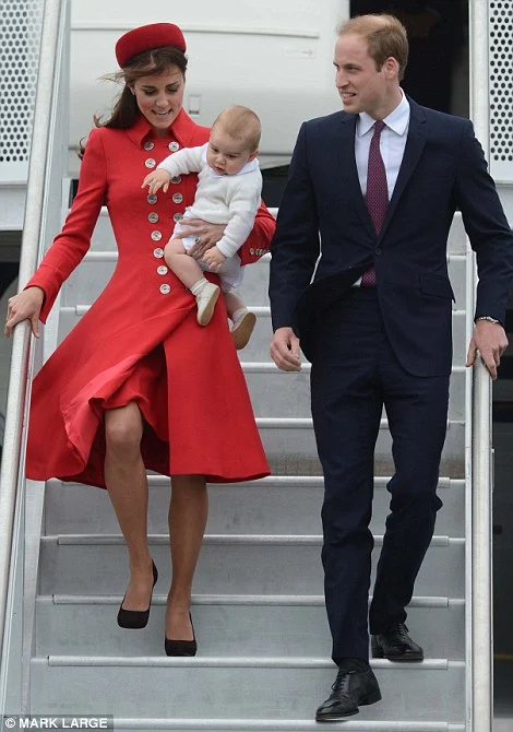 Kate Middleton is gorgeous in a red coat as she arrives in New Zealand with Prince William and baby George