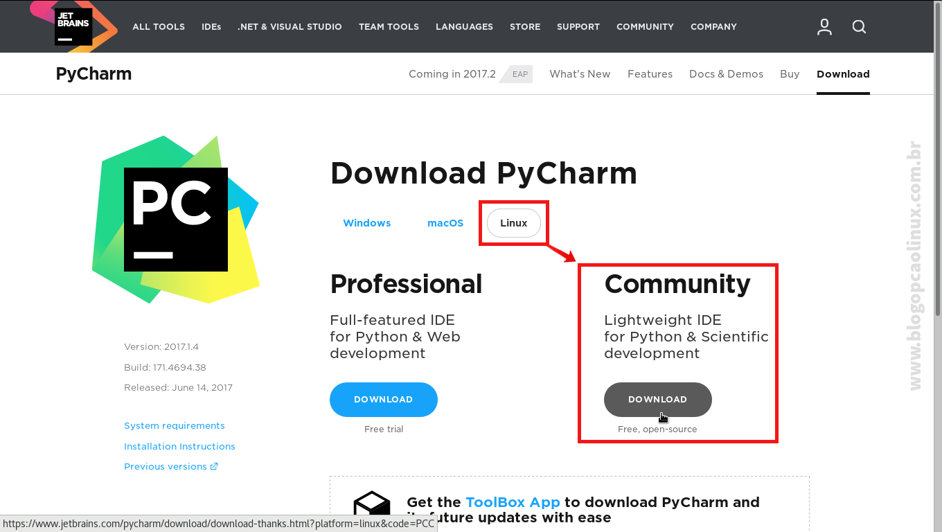 Página de download do PyCharm