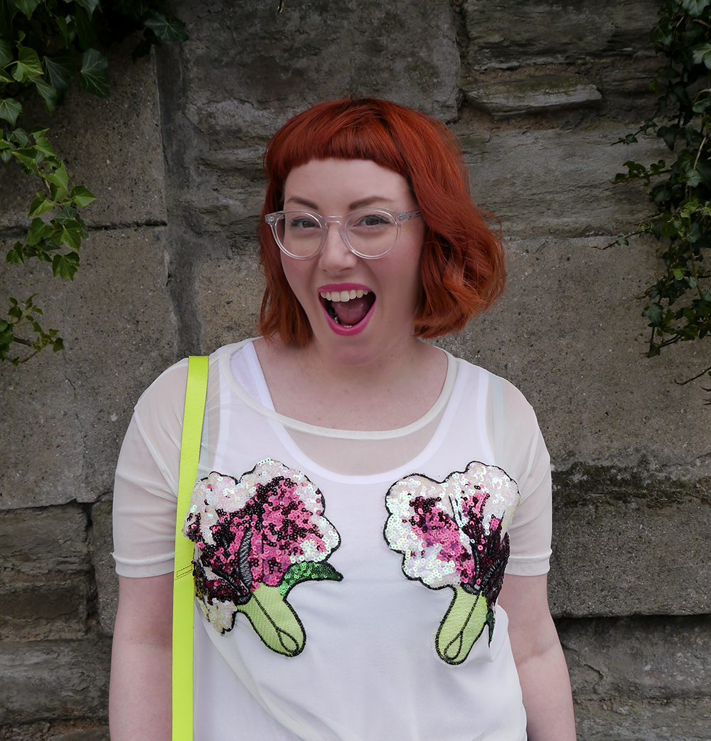 Never Monday sequined top styled by Helen, Scottish blogger, Dundee blogger, red head, ginger hair, short ginger hair, Iolla glasses, #seewithiolla, Never Monday, day time sequins, sequin top, casual sequins, Yoshi satchel, neon yellow satchel, denim jean, pom pom shoes, pom pom flat shoes, pink pom pom shoes