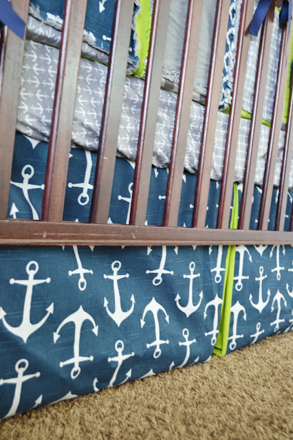 Box Pleated Crib Skirt for Boy Nautical Anchors Navy Blue and Green