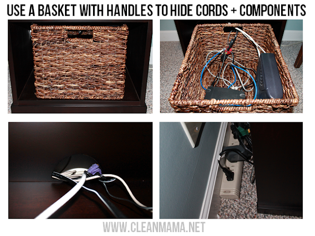 Use baskets for organizing cords and components around the house and the office:: OrganizingMadeFun.com