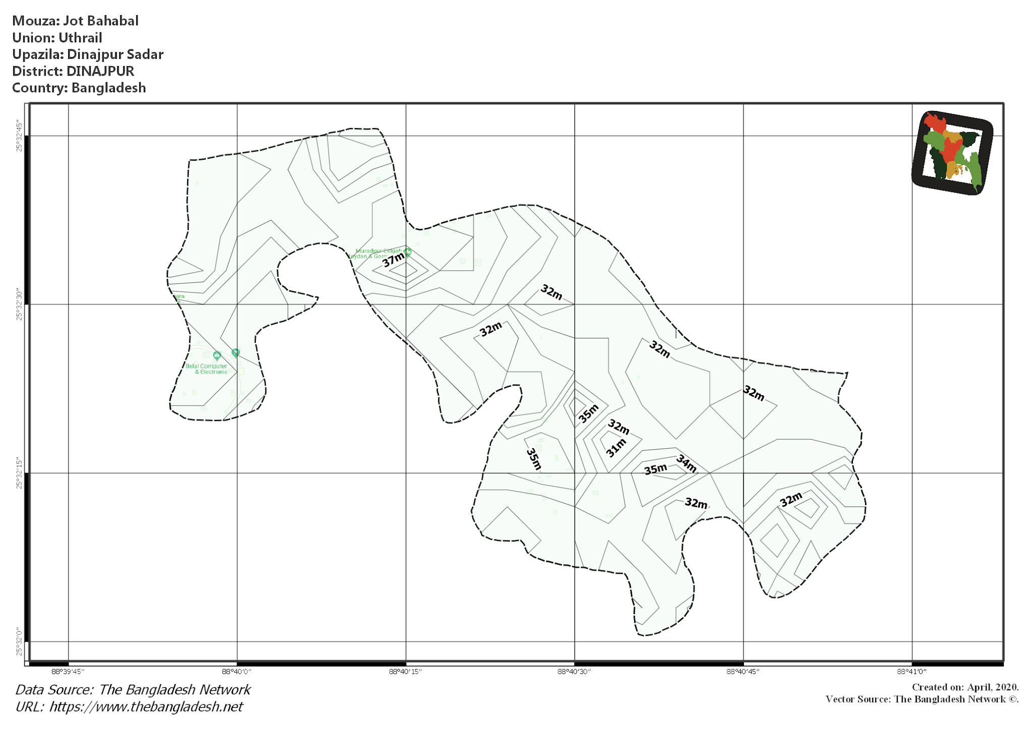 Map of Jot Bahabal Mouza of Dinajpur Sadar Upazila, DINAJPUR, Bangladesh.