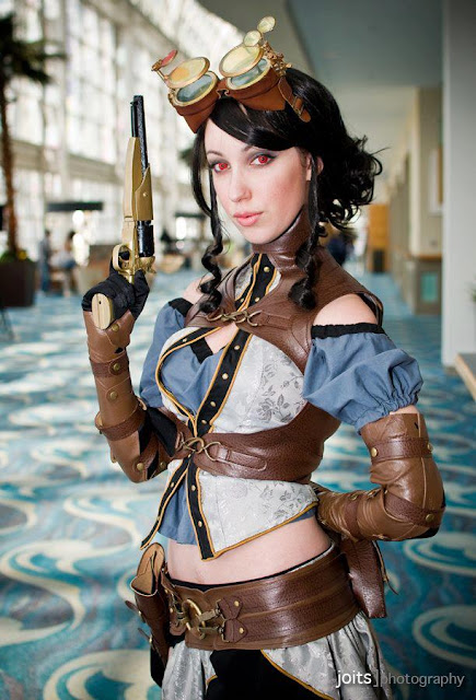 women's steampunk costume, lady mechanika cosplay includes mechanical part, supernatural powers, red eyes (red contact lenses) and a sexy costume