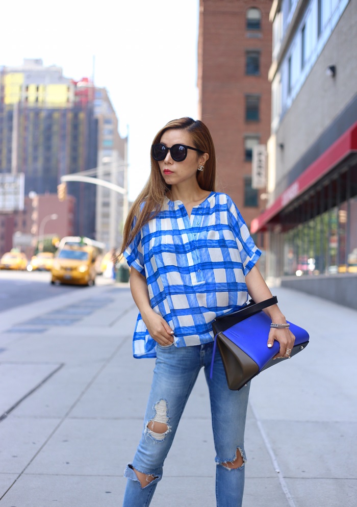 anthropologie checkered silk henley by maeve, blue checkers, blue outfit, celine edge, blank denim distressed jeans, chanel earring, karen walker sunglasses, jeffrey campbell wedges, t and j designs, fashion blog, streetstyle, nyc
