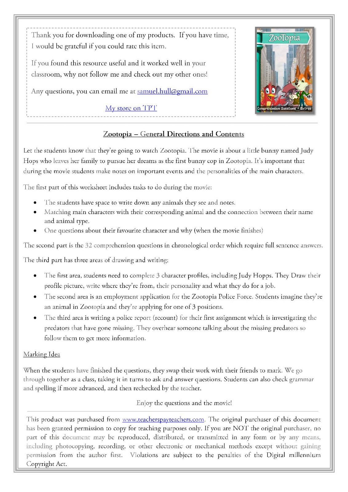 Disney's Zootopia (2016) Movie Questions + Activities Answer Key