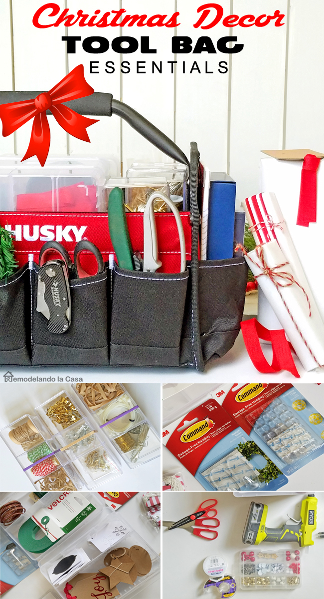 A Husky Tool tote red and black full with Christmas decor tools and supplies 
