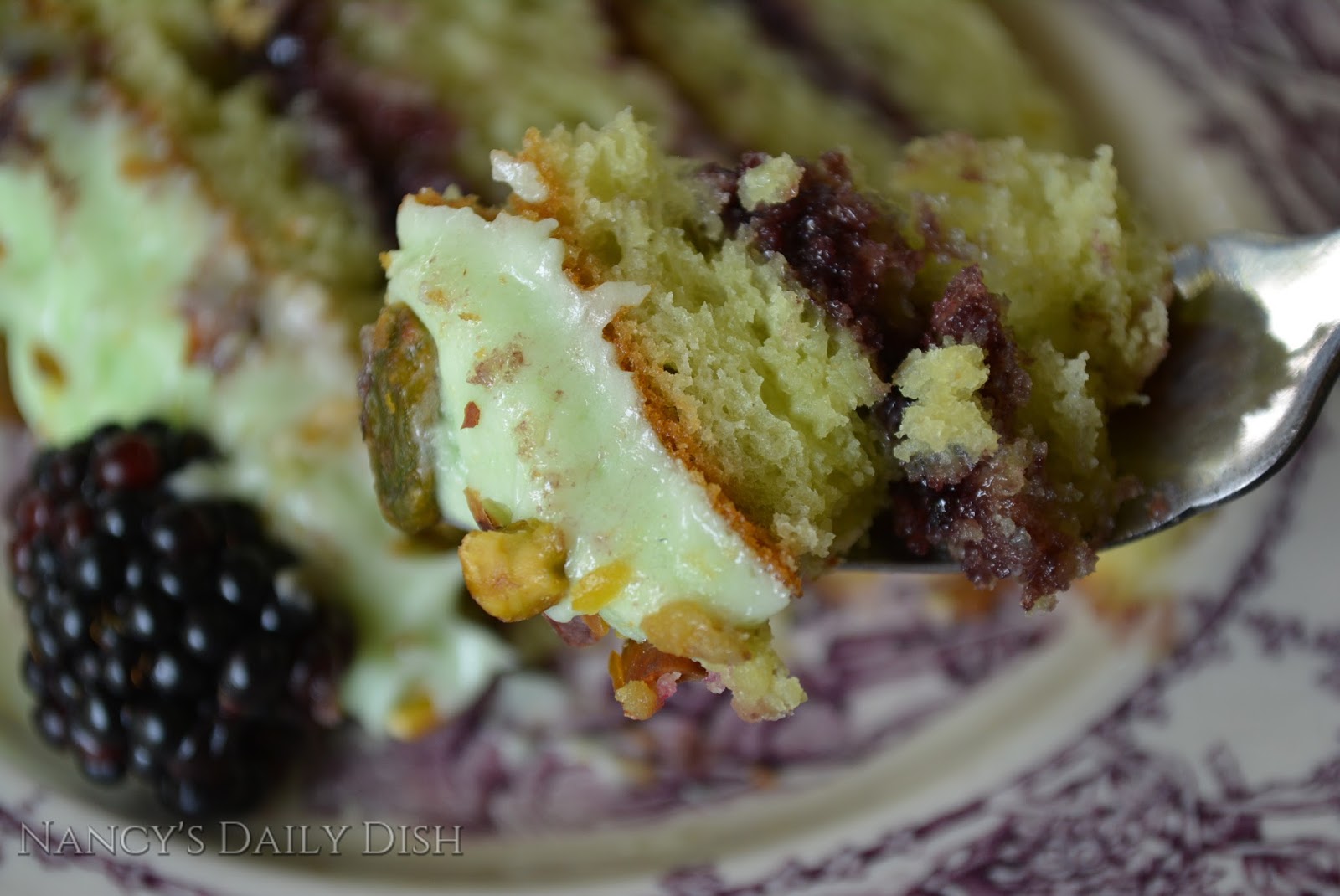 Nancy's Pistachio Almond Cake w/ Blackberry Filling & Pistachio Cream