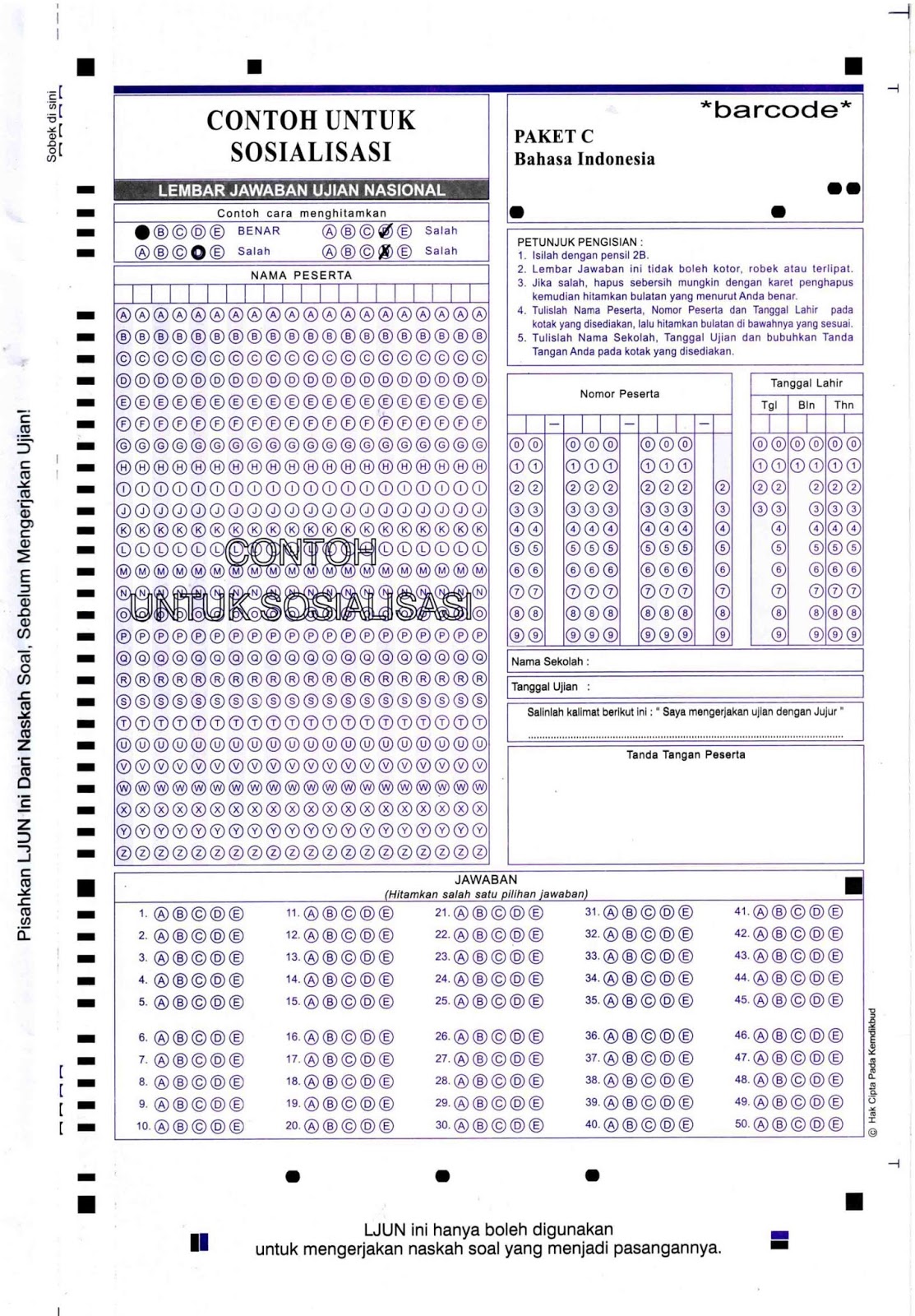 Contoh Lembar Jawaban Komputer / LJK UN Paket B, Paket C, SMP/MTs, SMA