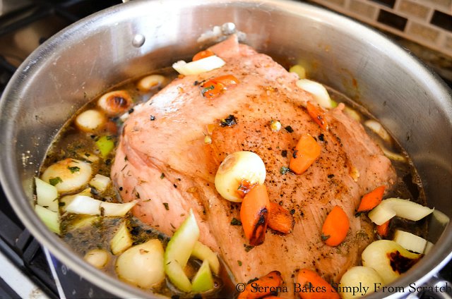 Balsamic Pork Pot Roast recipe. Add veggies to pork shoulder from Serena Bakes Simply From Scratch.