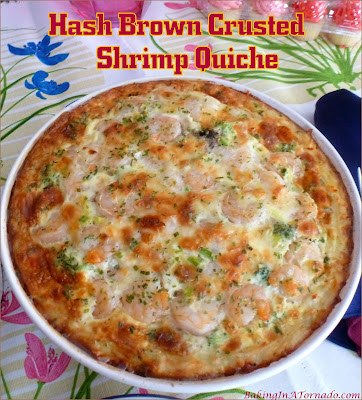 Hash Brown Crusted Shrimp Quiche is a shrimp, vegetable and egg pie baked in a flavor infused hash brown crust. Perfect for lunch, brunch, or dinner. | Recipe developed by www.BakingInATornado.com | #dinner #shrimp