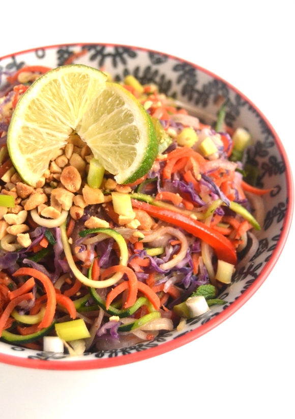 Spiralized Pad Thai is made with all vegetables and no noodles for a lighter, healthier dish! Tossed with a delicious spicy peanut sauce, you won't miss the noodles at all. www.nutritionistreviews.com