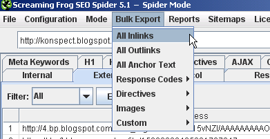 Создание отчета Bulk Export –All Inlinks: 