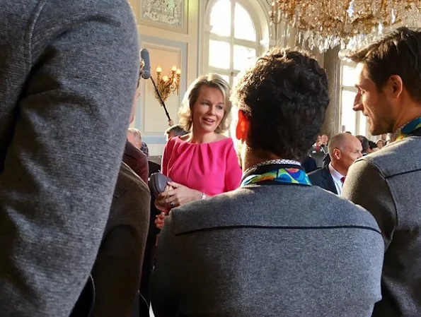 Queen Mathilde wore Natan Dress, gold diamond earrings, DVF clutch bag, Natan Pumps