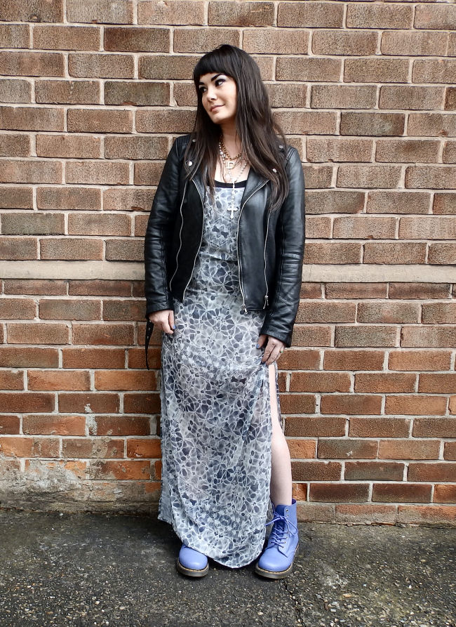 the style rawr jade uk style and fashion blog outfit post AKA maxi dress Pull & Bear leather jacket blueberry Dr Martens Wildfox jewellery