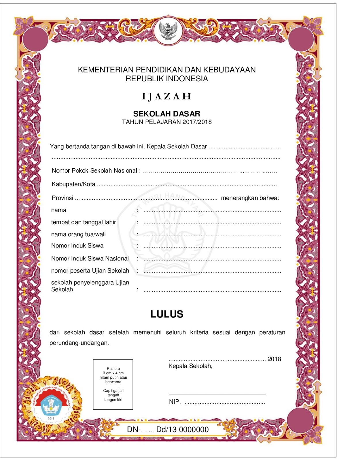 Download Blangko Ijazah SD Tahun 2018 untuk KTSP dan