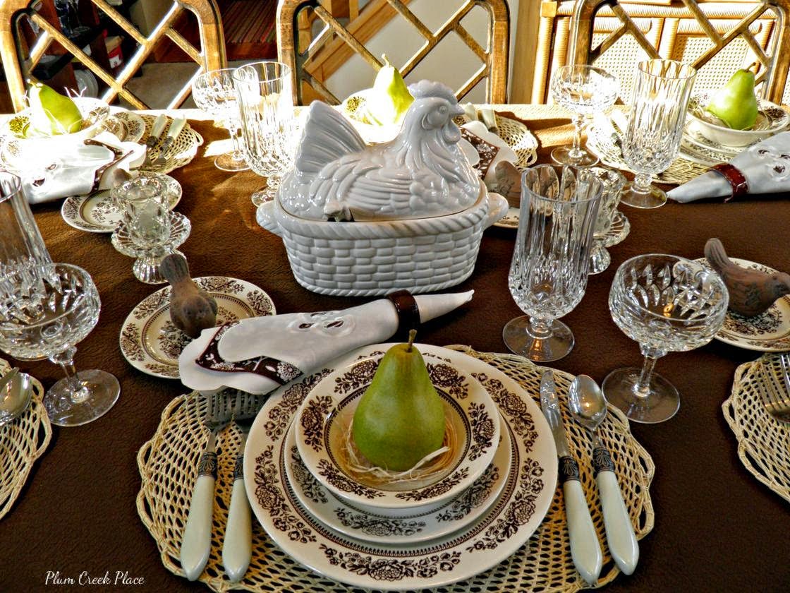 Vintage china, crystal stemware, brown and white tablescape, Fall tablescape, tablescape, 