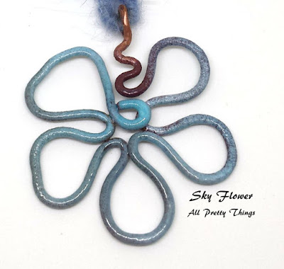CC7A November ~ Sky flower: enamel on copper, natural fibre, copper wire, wire wrapping, Cindy Wimmer clasp :: All Pretty Things