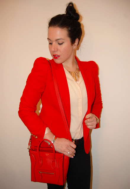 Red Zara blazer, red Celine Nano, Forever 21 blouse and necklace