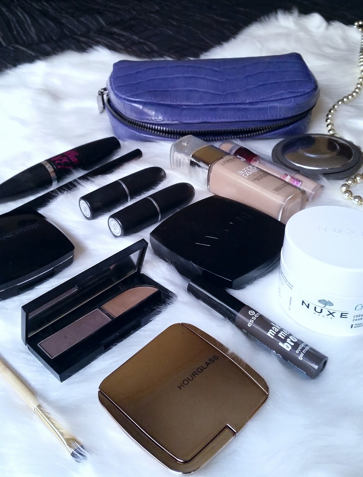 My Makeup Bag Essentials lipstick and coffee