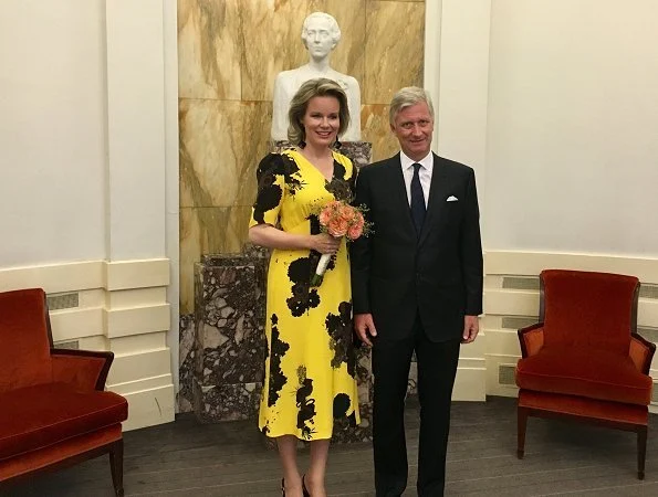 Queen Mathilde wore DRIES VAN NOTEN Print Silk-Crepe Midi Dress. Queen Elisabeth Singing Contest 2018 at the Brussels Centre for Fine Arts