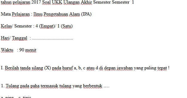Soal UKK UAS IPA kelas 4 SD Semester 1 Dokumen