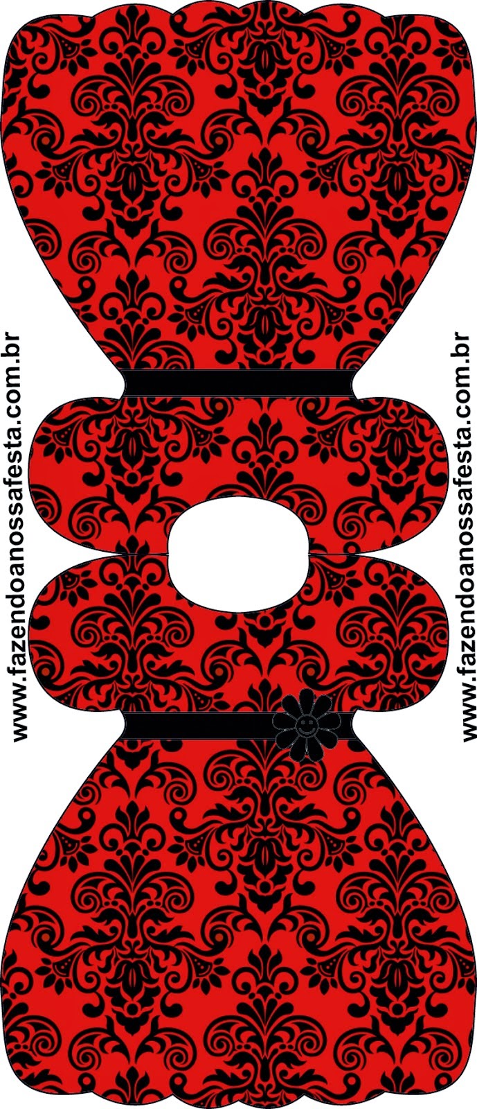 Damasco Negro en Fondo Rojo: Invitaciones para Imprimir Gratis. Tarjeta con forma de Vestido de Damasco Negro en Fondo Rojo.
