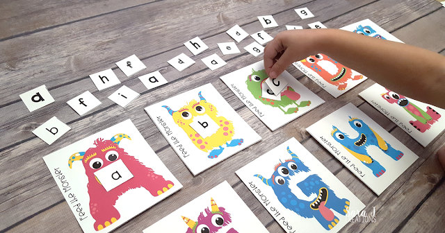 FREE Feed the Monster Alphabet Match. Practice matching upper and lowercase letters along with different fonts. #sarajcreations #alphabet #free #preschool #kindergarten