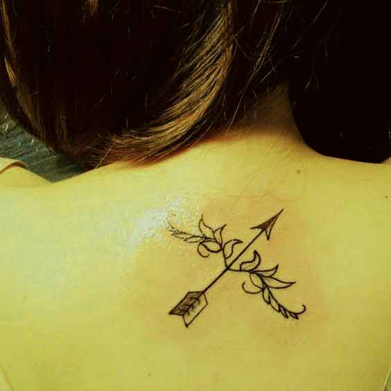 small Sagittarius bow and arrow with flower tattoo design on back