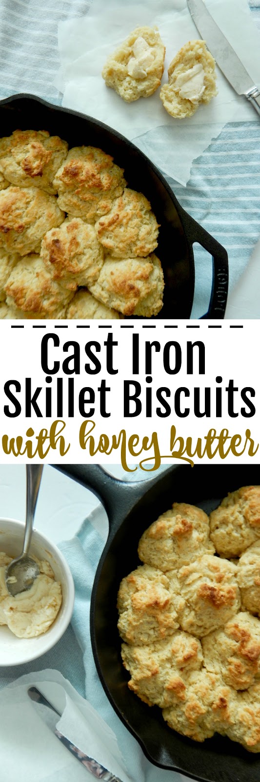 Cast Iron Skillet Biscuits with Honey Butter....this easy drop biscuit has crispy edges yet is tender and flaky in the middle. Serve with honey butter warm and straight out of the oven! (sweetandsavoryfood.com)