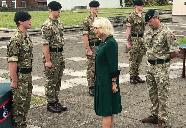 Prince Philip had been the Colonel in Chief of The Rifles since its formation. The Duchess is wearing a green coat dress and a bugle brooch