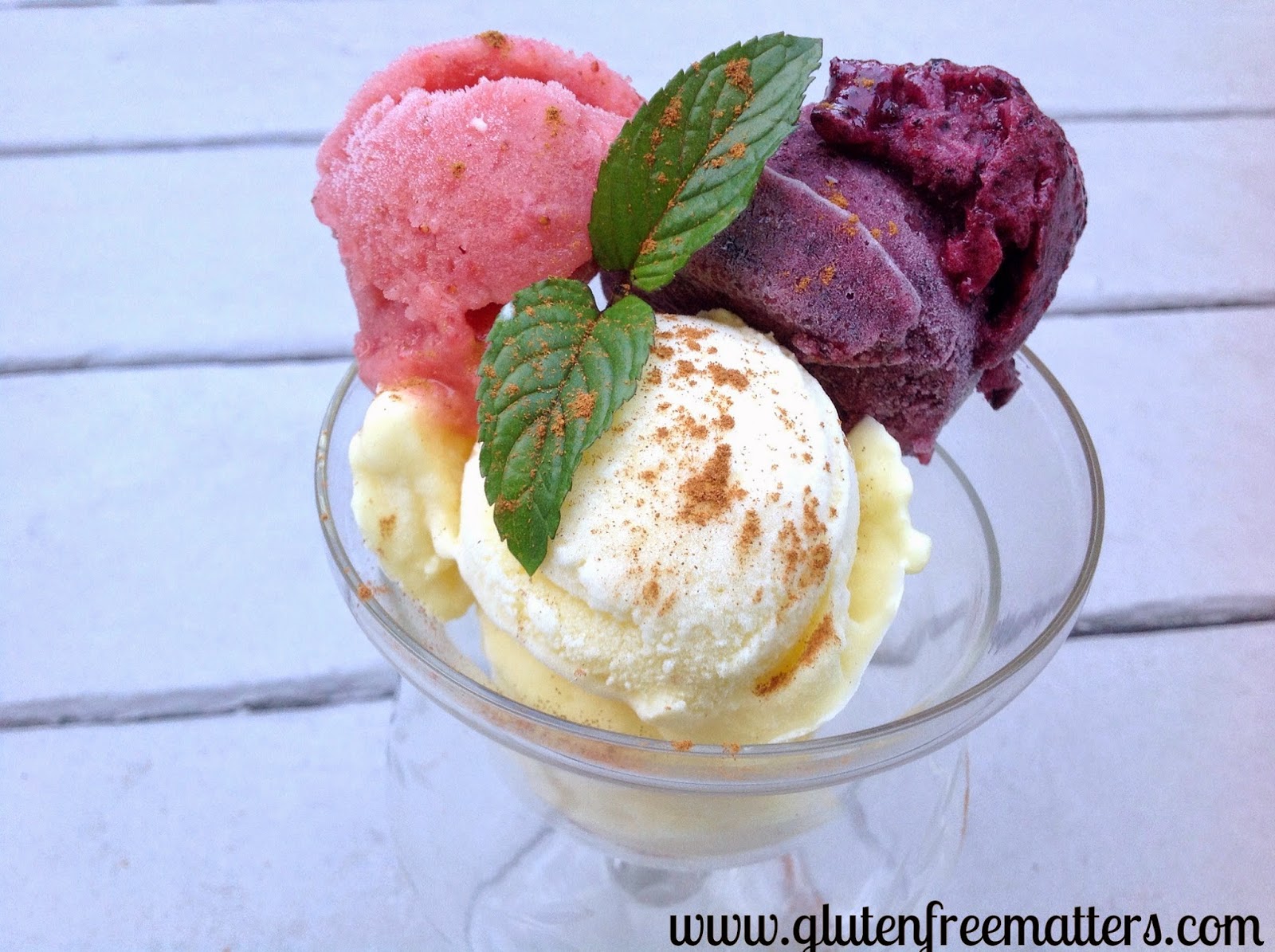 blueberry, strawberry, and mango sorbet with cinnamon