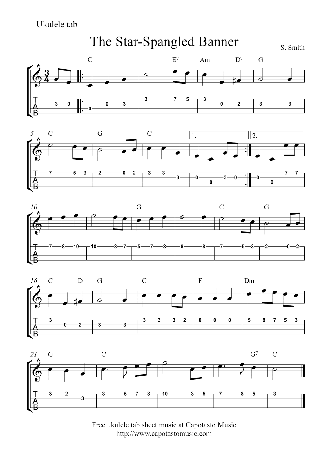 Free Printable Sheet Music: The Star-Spangled Banner | Free ukulele