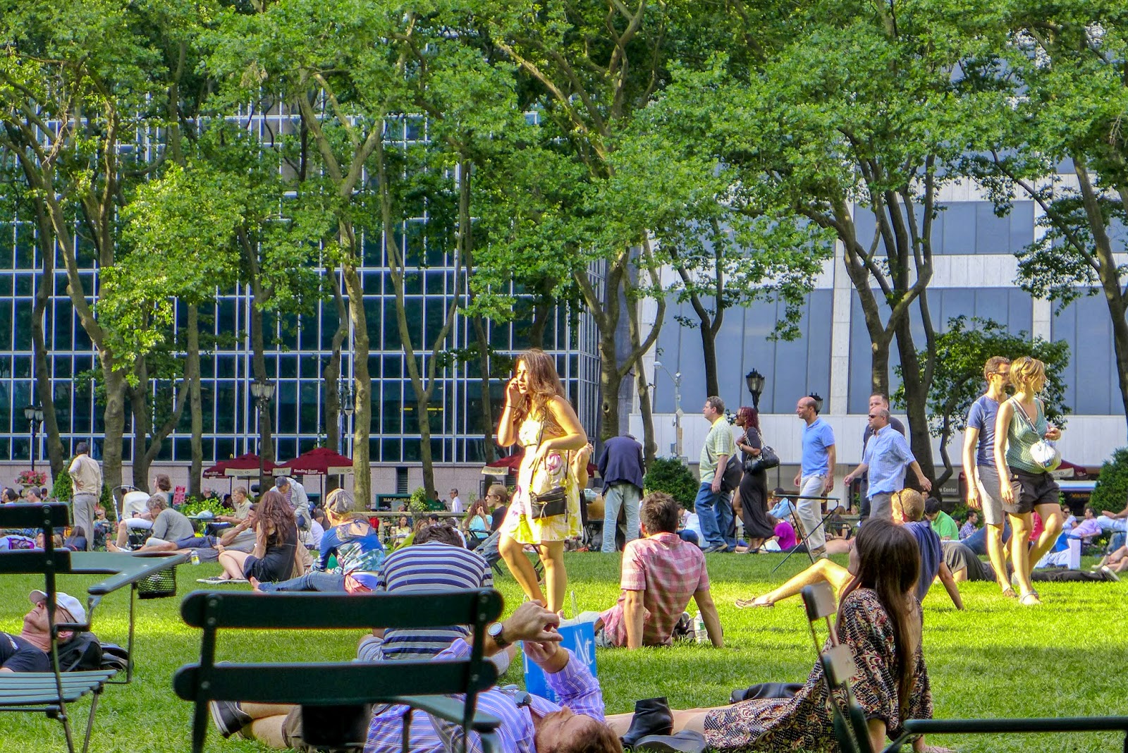 New York, Bryant Park, people on park lawn