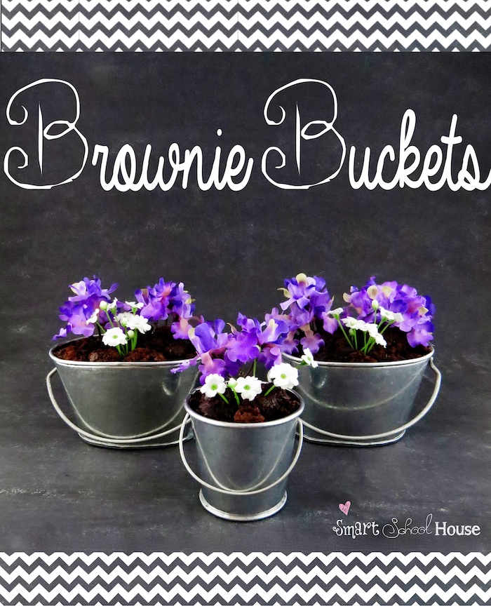 Brownie Buckets are #brownie crumbles planted inside small galvanized buckets topped with silk flowers. A pretty way to entertain with sweets! #dessert #diy