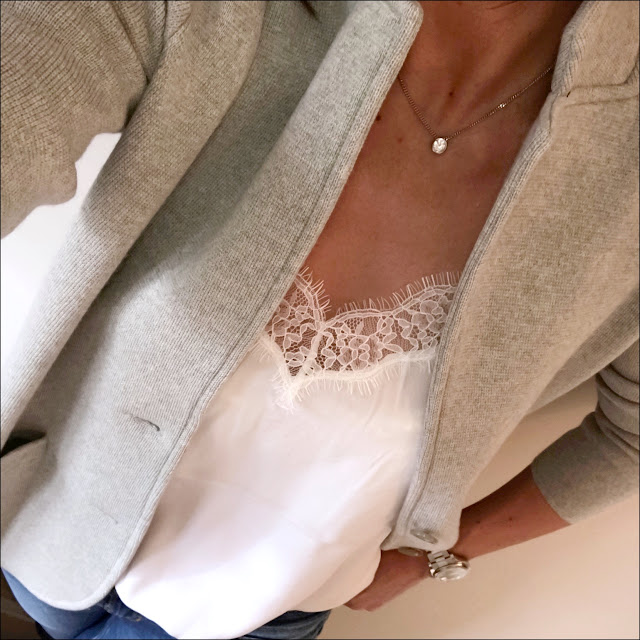 My Midlife Fashion, the white company silk trim lace camisole, j crew knitted jacket, zara distressed straight leg turn up jeans, french sole grey snake effect ballet pumps