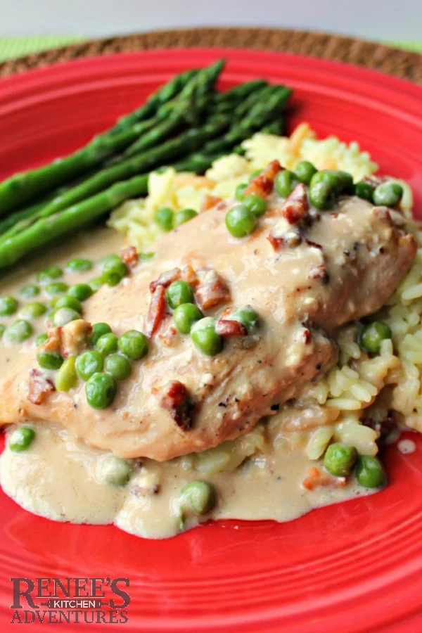 Chicken Breasts in Pancetta Cream with Peas - 11 Easy Chicken Recipes for National Chicken Month | Renee's Kitchen Adventures